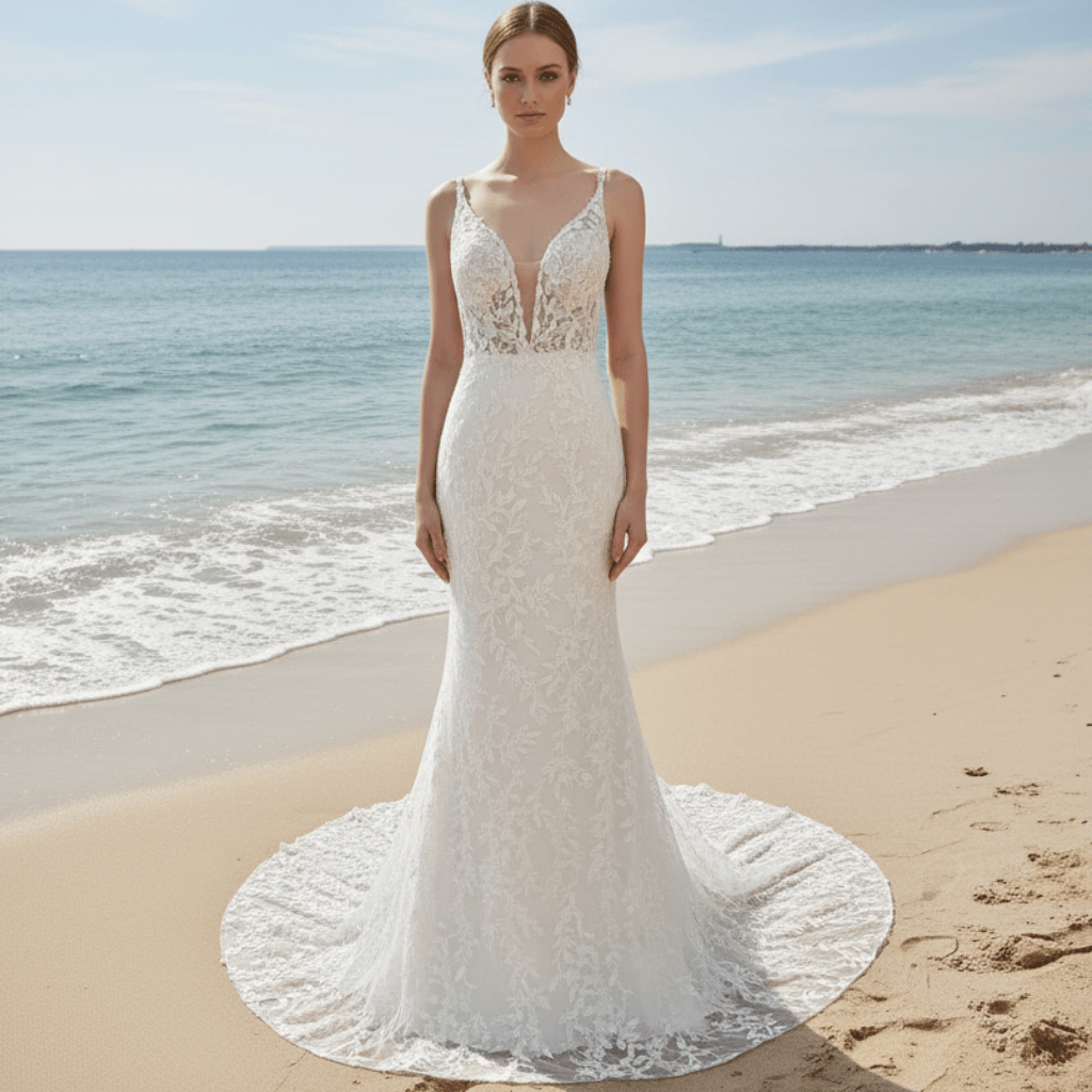Plunging Deep V-neck Trumpet Floral Lace Wedding Dresses - Rosymae
