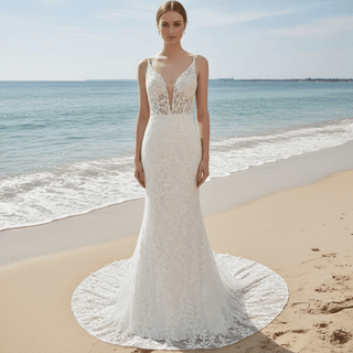 Plunging Deep V-neck Trumpet Floral Lace Wedding Dresses - Rosymae