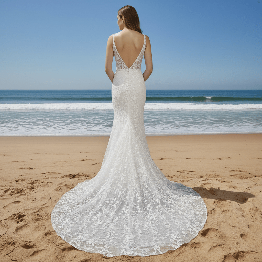 Plunging Deep V-neck Trumpet Floral Lace Wedding Dresses - Rosymae