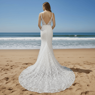 Plunging Deep V-neck Trumpet Floral Lace Wedding Dresses - Rosymae