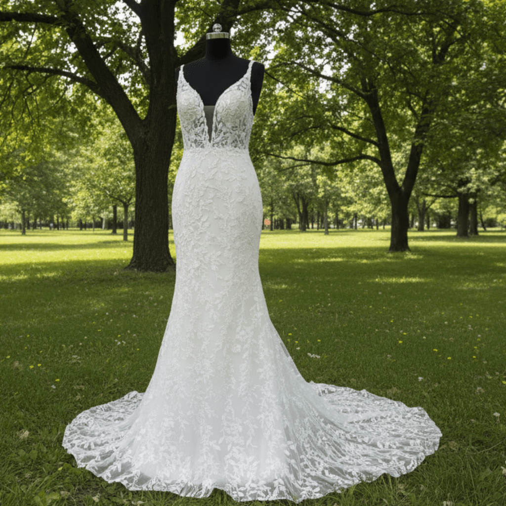 Plunging Deep V-neck Trumpet Floral Lace Wedding Dresses - Rosymae
