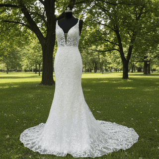 Plunging Deep V-neck Trumpet Floral Lace Wedding Dresses - Rosymae