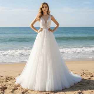 Plunging Neckline V-neck Tank Wedding Dress with Color Flowers - Rosymae