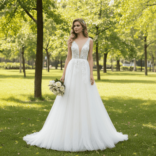 Plunging Neckline V-neck Tank Wedding Dress with Color Flowers - Rosymae
