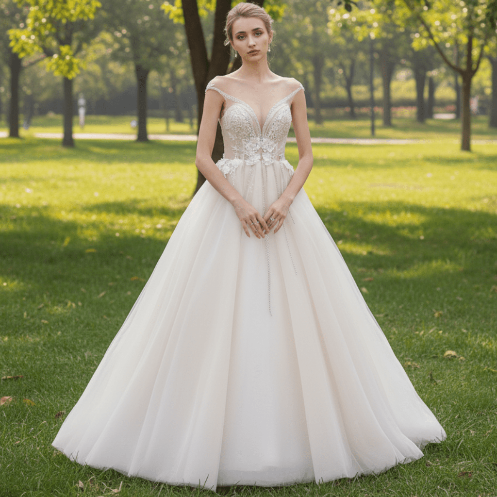 Plunging Sheer Neckline Capped Sleeve A Line Wedding Dresses - Rosymae