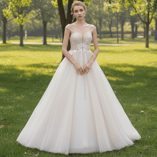 Plunging Sheer Neckline Capped Sleeve A Line Wedding Dresses - Rosymae