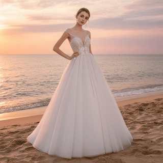 Plunging Sheer Neckline Capped Sleeve A Line Wedding Dresses - Rosymae