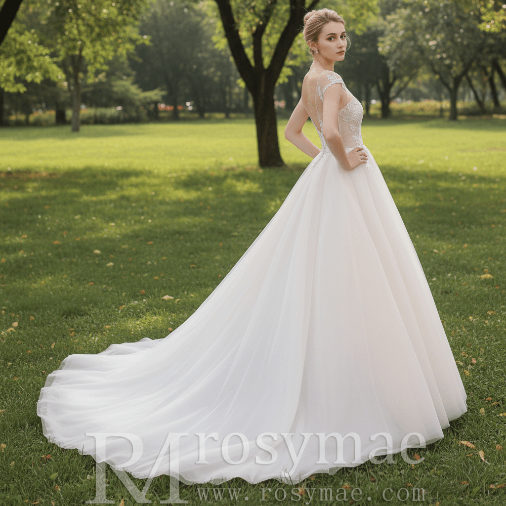 Plunging Sheer Neckline Capped Sleeve A Line Wedding Dresses - Rosymae