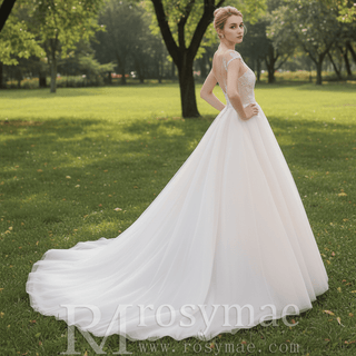 Plunging Sheer Neckline Capped Sleeve A Line Wedding Dresses - Rosymae