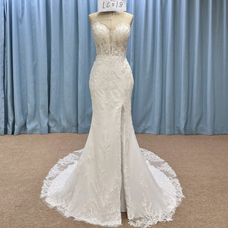 Strapless Mermaid Lace Wedding Dress with Leg Slit
