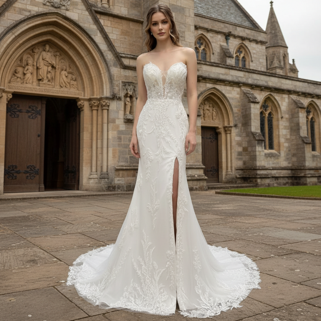 Romantic And Floral Mermaid Wedding Dress With Slit Ivory / 4 Romantic And Floral Mermaid Wedding Dress With Slit Ivory / 4