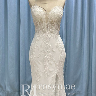 Strapless Mermaid Lace Wedding Dress with Leg Slit