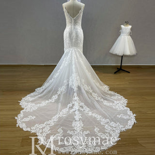 Plunging V-Neck Backless Lace Spaghetti Straps Mermaid Wedding Dress - Rosymae