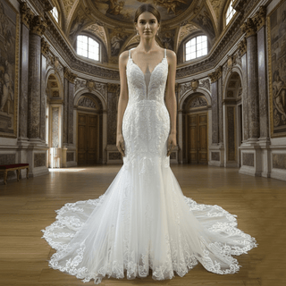 Plunging V-Neck Backless Lace Spaghetti Straps Mermaid Wedding Dress - Rosymae
