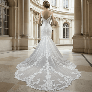 Plunging V-Neck Backless Lace Spaghetti Straps Mermaid Wedding Dress - Rosymae