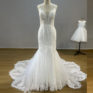Plunging V-Neck Backless Lace Spaghetti Straps Mermaid Wedding Dress - Rosymae