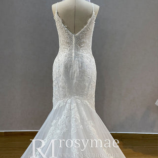 Plunging V-Neck Backless Lace Spaghetti Straps Mermaid Wedding Dress - Rosymae