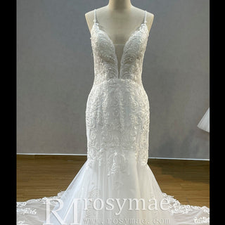 Plunging V-Neck Backless Lace Spaghetti Straps Mermaid Wedding Dress - Rosymae