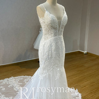 Plunging V-Neck Backless Lace Spaghetti Straps Mermaid Wedding Dress - Rosymae