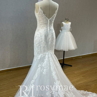 Plunging V-Neck Backless Lace Spaghetti Straps Mermaid Wedding Dress - Rosymae