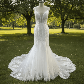 Plunging V-Neck Backless Lace Spaghetti Straps Mermaid Wedding Dress - Rosymae