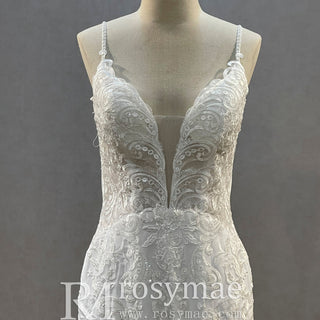 Plunging V-Neck Backless Lace Spaghetti Straps Mermaid Wedding Dress - Rosymae