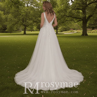 Plunging V-neck Lace and Tulle A-line Wedding Dress Low Back - Rosymae