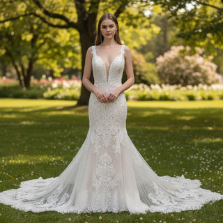 Incredible Plunging V-neck Low Back Lace Trumpet Wedding Dress