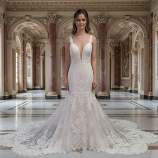 Incredible Plunging V-neck Low Back Lace Trumpet Wedding Dress