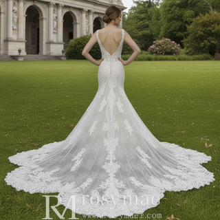 Incredible Plunging V-neck Low Back Lace Trumpet Wedding Dress