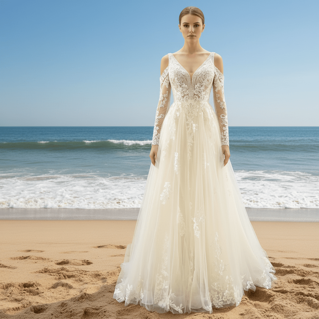 Plunging V Neck Off-The-Shoulder Wedding Dress with Long Sleeve - Rosymae