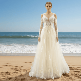 Plunging V Neck Off-The-Shoulder Wedding Dress with Long Sleeve - Rosymae