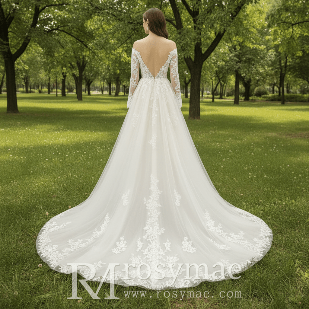 Plunging V Neck Off-The-Shoulder Wedding Dress with Long Sleeve - Rosymae