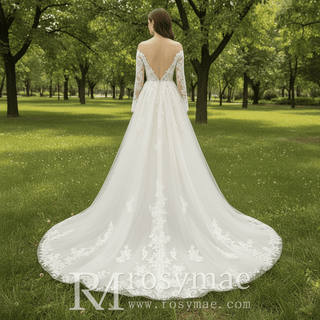 Plunging V Neck Off-The-Shoulder Wedding Dress with Long Sleeve - Rosymae