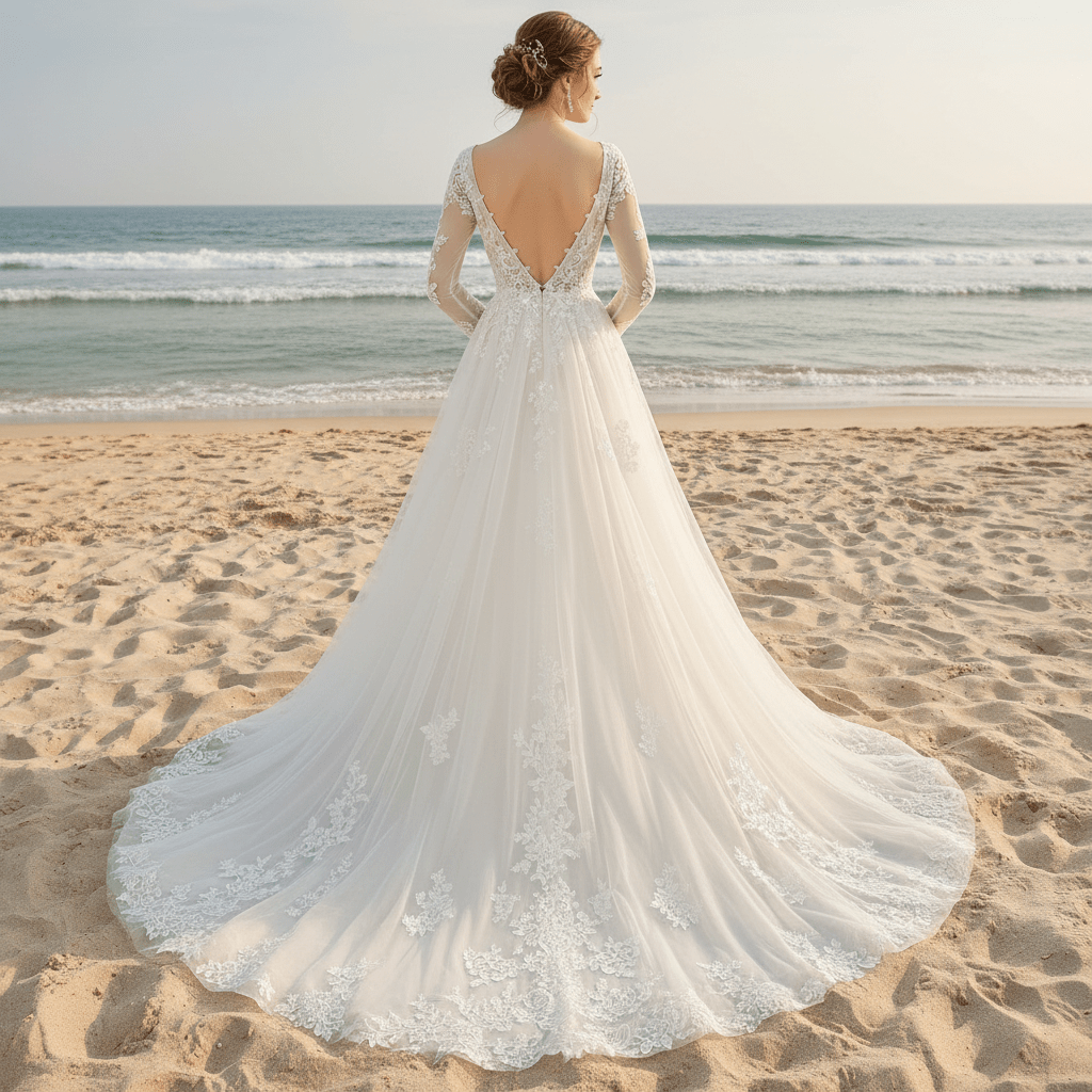 Plunging V Neck Off-The-Shoulder Wedding Dress with Long Sleeve - Rosymae