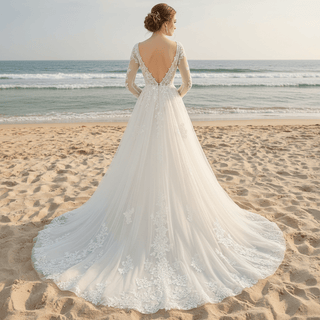 Plunging V Neck Off-The-Shoulder Wedding Dress with Long Sleeve - Rosymae