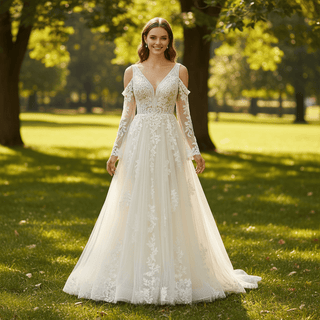 Plunging V Neck Off-The-Shoulder Wedding Dress with Long Sleeve - Rosymae