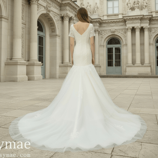 Plunging V Neck Short Sleeve Trumpet Wedding Dress Bridal Gown - Rosymae