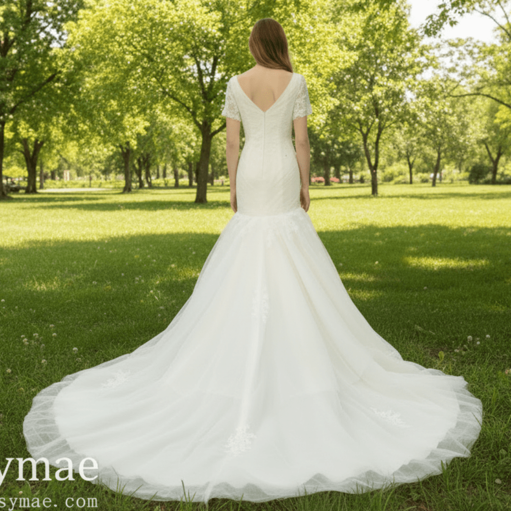 Plunging V Neck Short Sleeve Trumpet Wedding Dress Bridal Gown - Rosymae