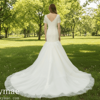 Plunging V Neck Short Sleeve Trumpet Wedding Dress Bridal Gown - Rosymae