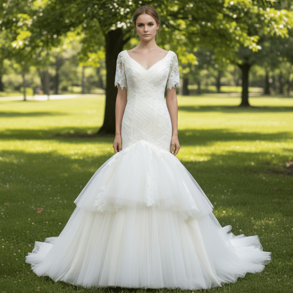 Plunging V Neck Short Sleeve Trumpet Wedding Dress Bridal Gown - Rosymae