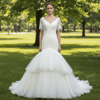 Plunging V Neck Short Sleeve Trumpet Wedding Dress Bridal Gown - Rosymae