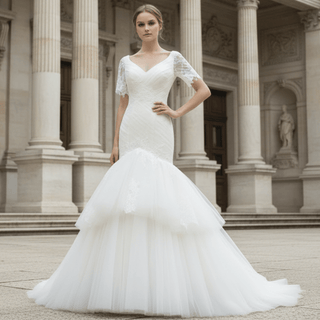 Plunging V Neck Short Sleeve Trumpet Wedding Dress Bridal Gown - Rosymae