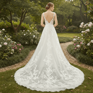 Plunging V Neck Wedding Dress with Tulle and Lace - Rosymae