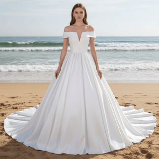 Plunging V Off The Shoulder Ball Gown Satin Bridal Gowns - Rosymae