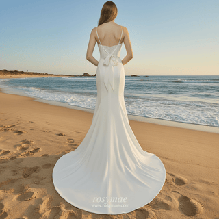 Plunging Vneck Fit and Flare Wedding Dress with Spaghetti Straps - Rosymae