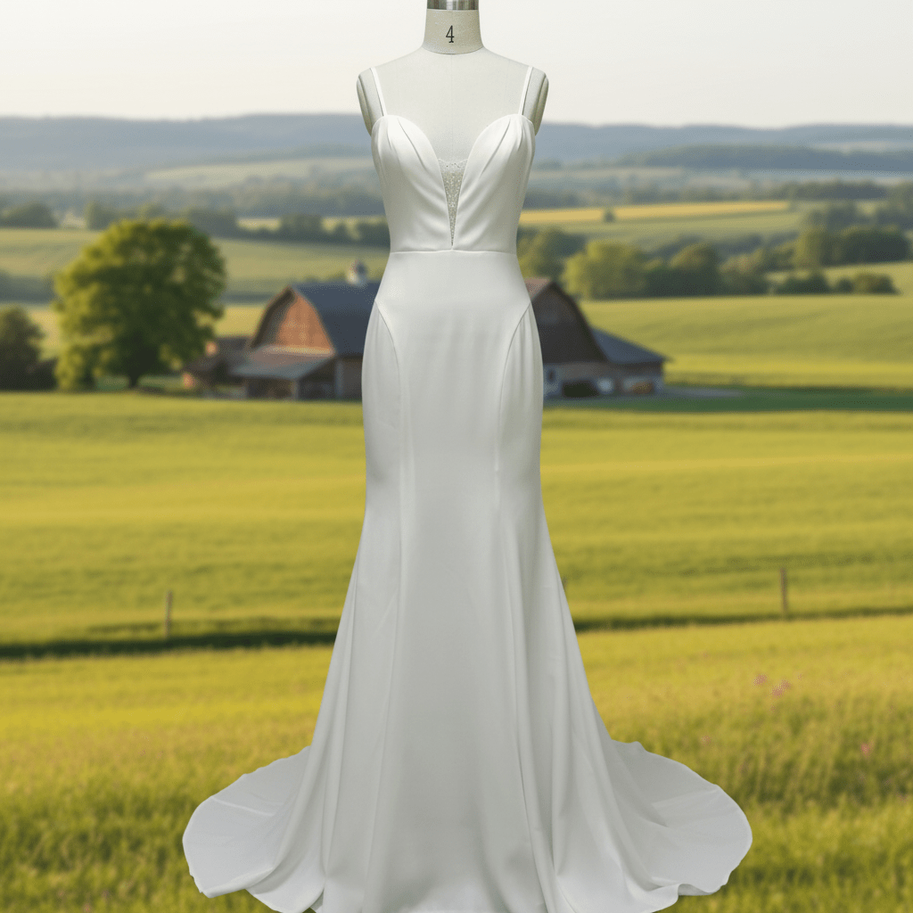 Plunging Vneck Fit and Flare Wedding Dress with Spaghetti Straps - Rosymae