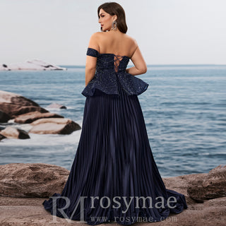 Elegante vestido de noche de mujer sin tirantes con lentejuelas y hombros descubiertos