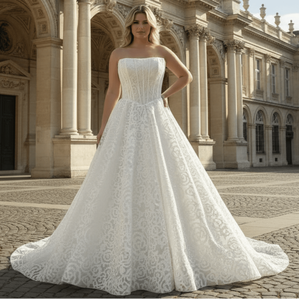 Plus Size A-Line Lace Boat Neck Wedding Dress - Rosymae