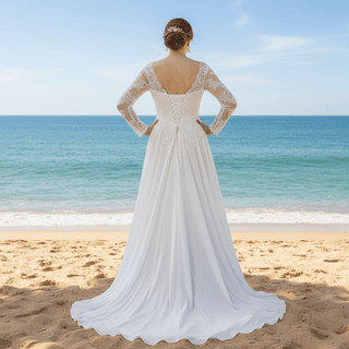 Plus Size A-Line Lace & Chiffon Long Sleeve Wedding Dress - Rosymae